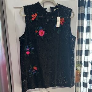 LOFT Black Lace Top with Colorful Floral Embroidery
